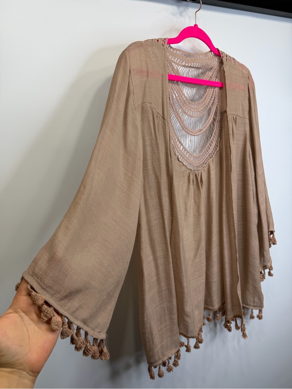 Do Everything In Love Mocha Boho Crochet Back Tassel Kimono Cardigan - Picture 5 of 11